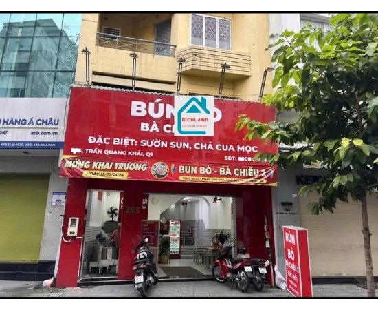 Cho thuê nhà mặt tiền: 263 Trần Quang Khải P.Tân Định Quận 1. Giá 45 triệu