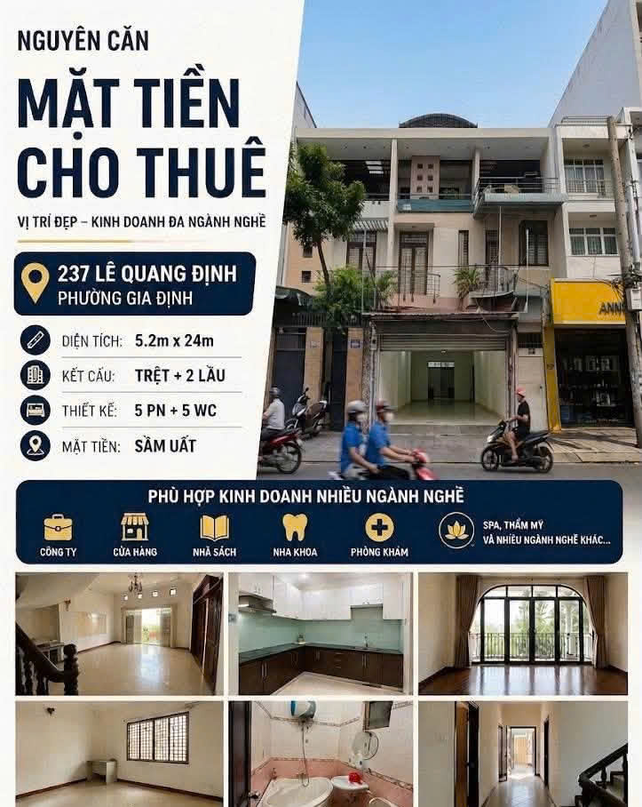 Cho Thuê Nhà : 237 Lê Quang Định, Phường 11, Quận Bình Thạnh. Giá thuê : 50 triệu/tháng.