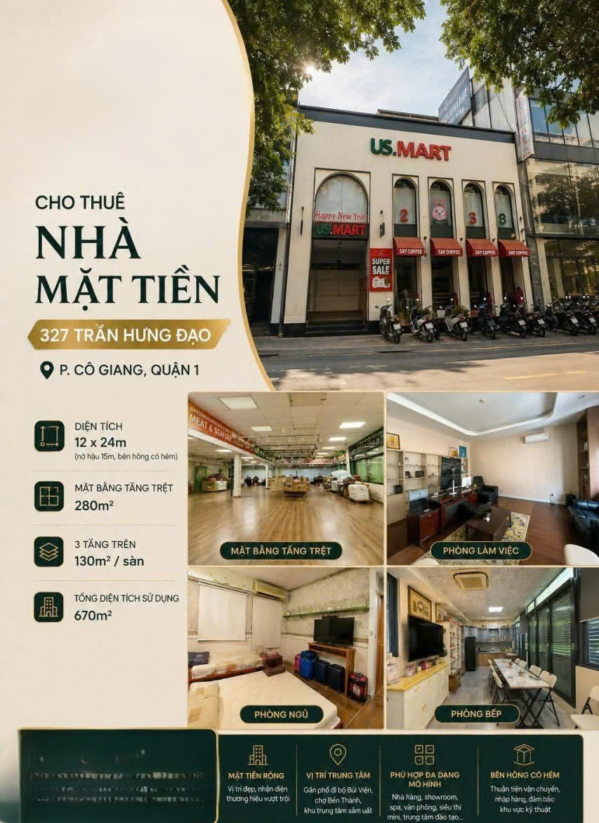 CHO THUÊ TÒA NHÀ : 327 Trần Hưng Đạo, Phường Cô Giang, Quận 1. Giá thuê : 20.000 USD/tháng.